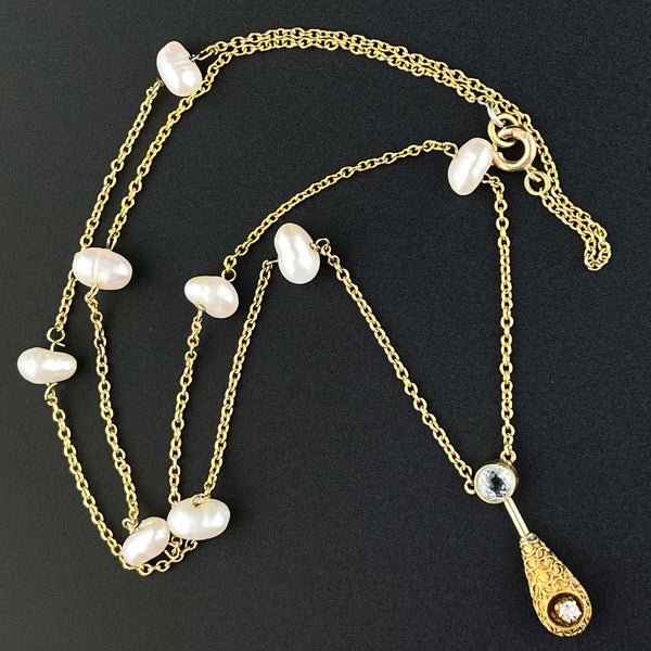 Antique Gold Topaz Diamond Pearl Pendant Necklace - Boylerpf