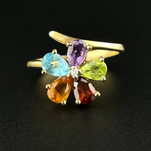 Multi Gemstone 10K Gold Harlequin Flower Ring, Sz 8 3/4 - Boylerpf