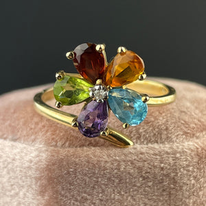 Multi Gemstone 10K Gold Harlequin Flower Ring, Sz 8 3/4 - Boylerpf