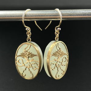 Vintage 14K Gold Crane Jade Dangle Earrings - Boylerpf