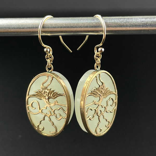 Vintage 14K Gold Crane Jade Dangle Earrings - Boylerpf
