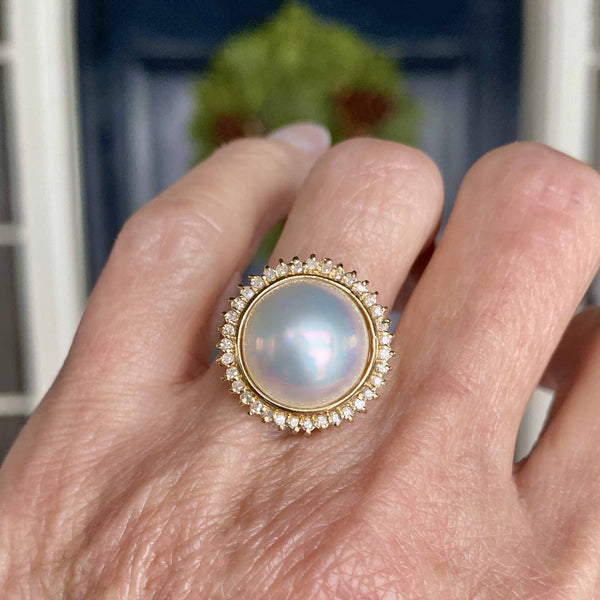 Vintage Diamond Halo Mabe Pearl Ring in 14K Gold - Boylerpf