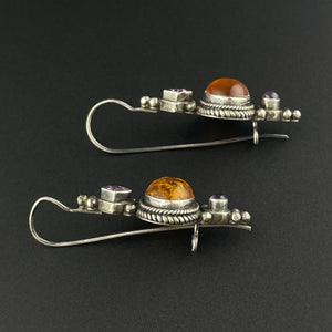 Arts and Crafts Style Silver Baltic Amber Amethyst Statement Earrings - Boylerpf