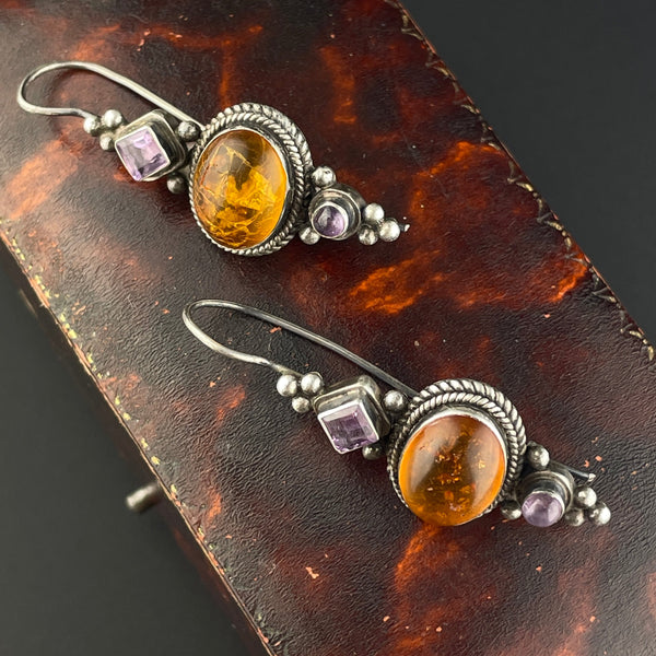 Arts and Crafts Style Silver Baltic Amber Amethyst Statement Earrings - Boylerpf