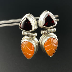 Silver Garnet Amber Leaf Stud Drop Earrings - Boylerpf