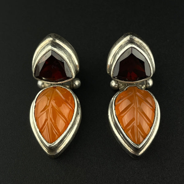 Silver Garnet Amber Leaf Stud Drop Earrings - Boylerpf