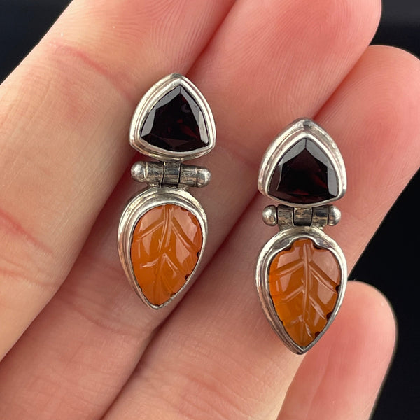 Silver Garnet Amber Leaf Stud Drop Earrings - Boylerpf