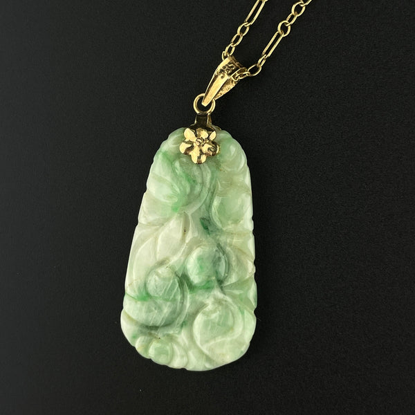 14K Gold Carved Green and White Jade Pendant Necklace - Boylerpf