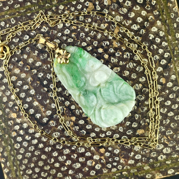 14K Gold Carved Green and White Jade Pendant Necklace - Boylerpf