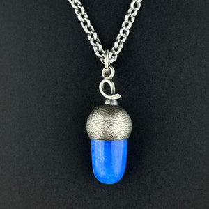 Silver Blue Chalcedony Acorn Good Luck Pendant Necklace - Boylerpf