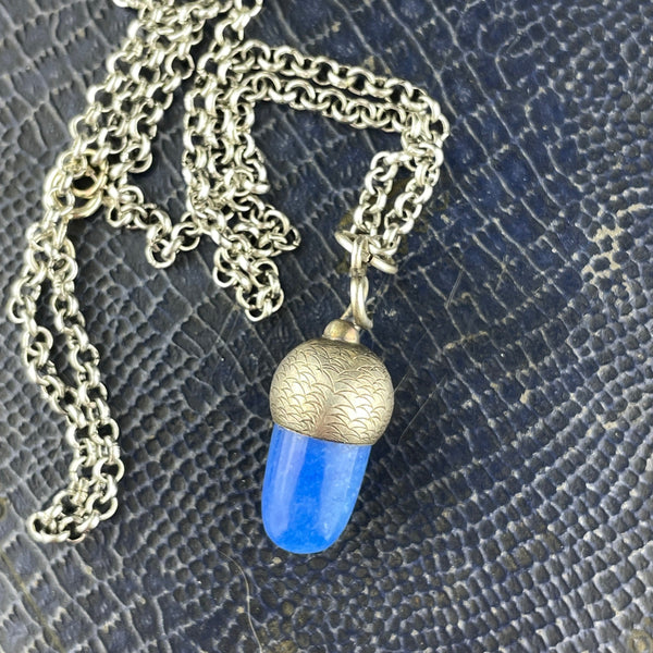 Silver Blue Chalcedony Acorn Good Luck Pendant Necklace - Boylerpf