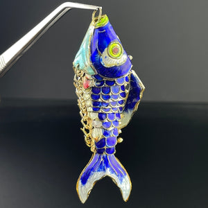 Vintage Gold Vermeil Blue Enamel Articulated Fish Pendant Necklace - Boylerpf