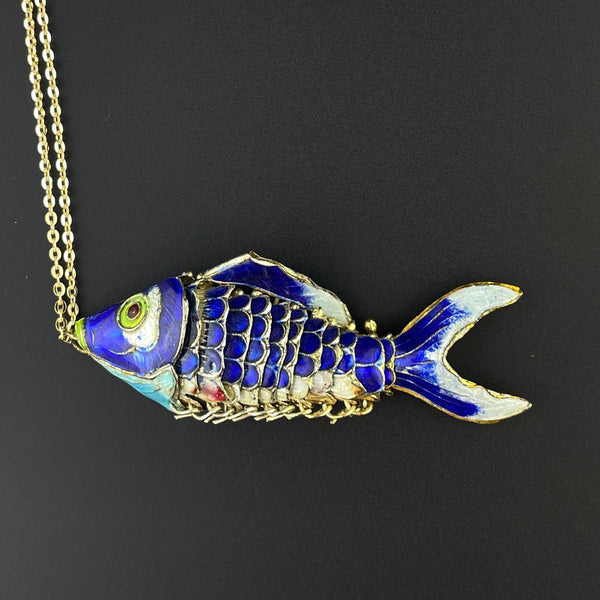 Vintage Gold Vermeil Blue Enamel Articulated Fish Pendant Necklace - Boylerpf