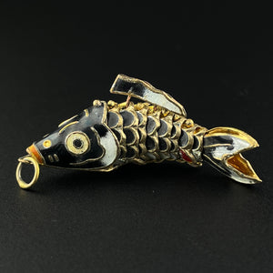 Vintage Gold Vermeil Black Enamel Articulated Fish Pendant - Boylerpf