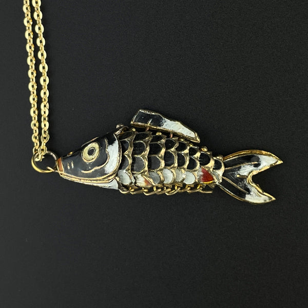 Vintage Gold Vermeil Black Enamel Articulated Fish Pendant - Boylerpf