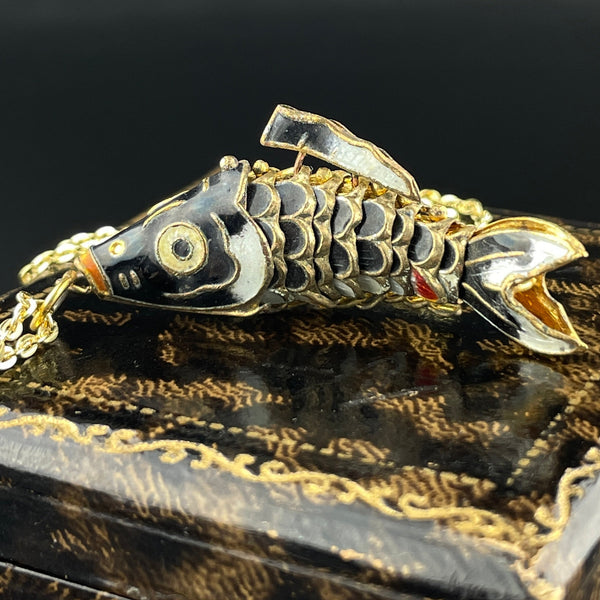 Vintage Gold Vermeil Black Enamel Articulated Fish Pendant - Boylerpf