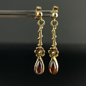 Vintage 9K Gold Flower Garnet Dangle Earrings - Boylerpf