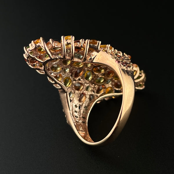Vintage Silver Gilt Sapphire Emerald Topaz Floral Cluster Ring, Sz 7 3/4 - Boylerpf