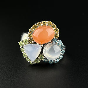 Vintage Moonstone Flower Cluster Silver Ring, Sz 6.5 - Boylerpf