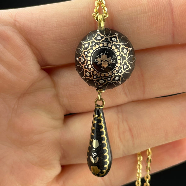 Antique Victorian Gold Inlay Pique Pendant Necklace - Boylerpf