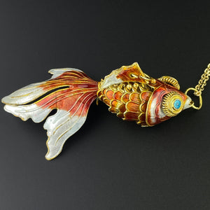 Vintage Gold Vermeil Orange Enamel Koi Fish Pendant Necklace - Boylerpf