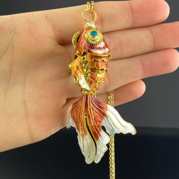 Vintage Gold Vermeil Orange Enamel Koi Fish Pendant Necklace - Boylerpf