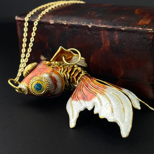 Vintage Gold Vermeil Orange Enamel Koi Fish Pendant Necklace - Boylerpf