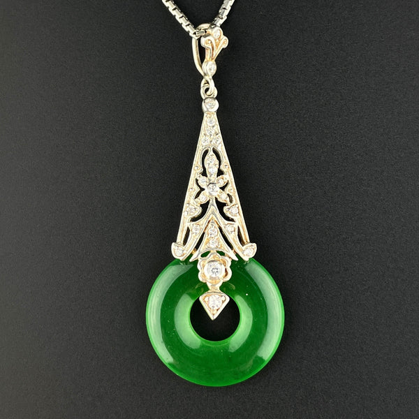 Vintage Art Deco Style Jade Silver Filigree Pendant Necklace - Boylerpf