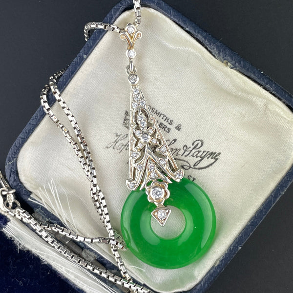 Vintage Art Deco Style Jade Silver Filigree Pendant Necklace - Boylerpf