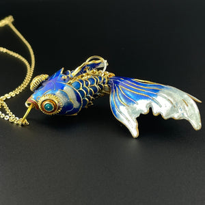 Gold Vermeil Blue Enamel Articulated Koi Fish Pendant Necklace - Boylerpf