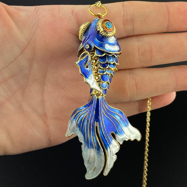 Gold Vermeil Blue Enamel Articulated Koi Fish Pendant Necklace - Boylerpf