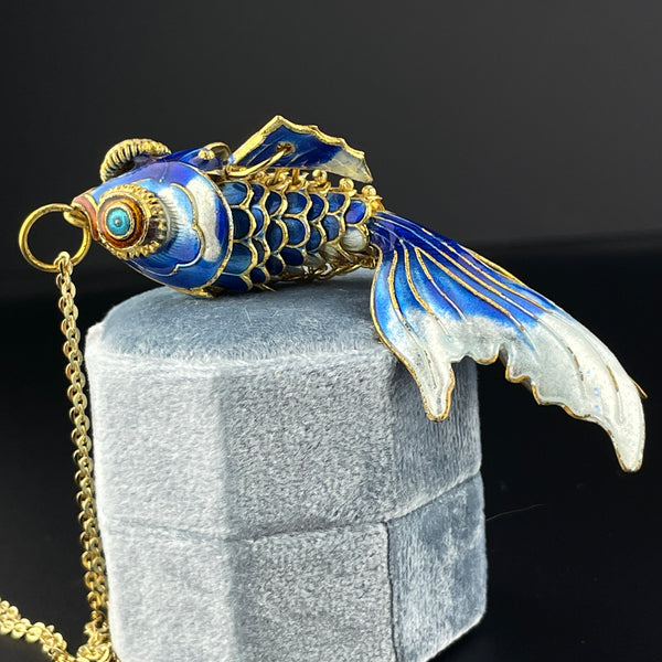 Gold Vermeil Blue Enamel Articulated Koi Fish Pendant Necklace - Boylerpf