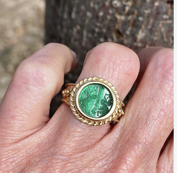Italian 14K Gold Emerald Quartz Intaglio Ring - ON HOLD - Boylerpf