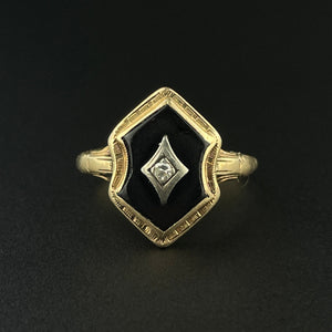 Vintage Art Deco 10K Gold Diamond Onyx Ring, Sz 8.5 - Boylerpf