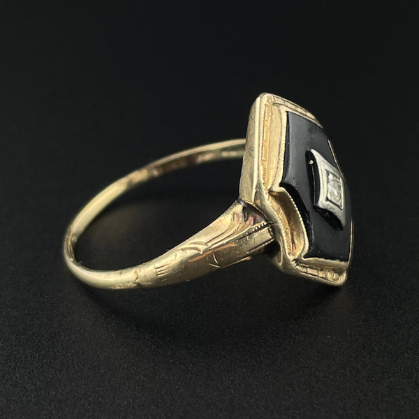 Vintage Art Deco 10K Gold Diamond Onyx Ring, Sz 8.5 - Boylerpf