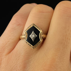 Vintage Art Deco 10K Gold Diamond Onyx Ring, Sz 8.5 - Boylerpf