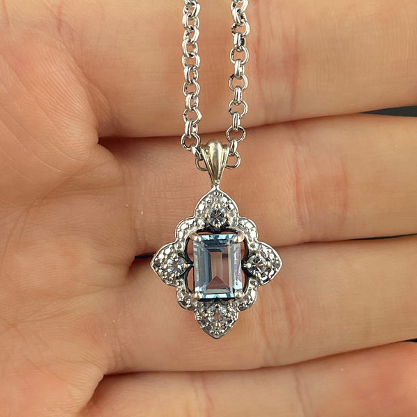 Vintage Sterling Silver Diamond Blue Topaz Pendant Necklace - Boylerpf