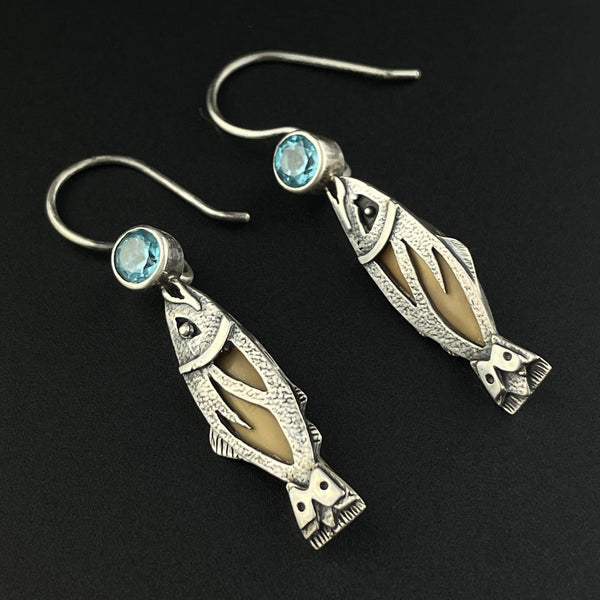 Vintage Blue Topaz Silver Fish Dangle Earrings - Boylerpf