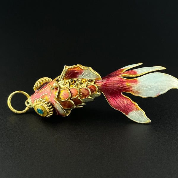 Vintage Orange Enamel Gold Vermeil Articulated Fish Pendant Necklace - Boylerpf