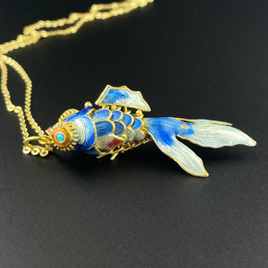 Vintage Blue Enamel Gold Vermeil Articulated Koi Fish Pendant Necklace - Boylerpf