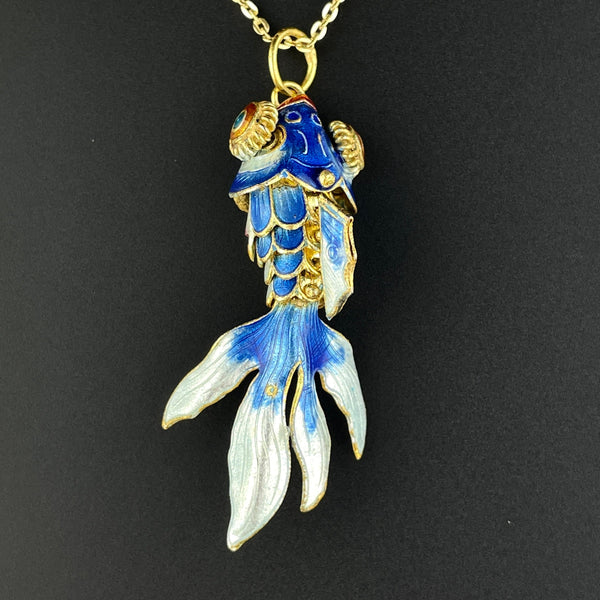 Vintage Blue Enamel Gold Vermeil Articulated Koi Fish Pendant Necklace - Boylerpf