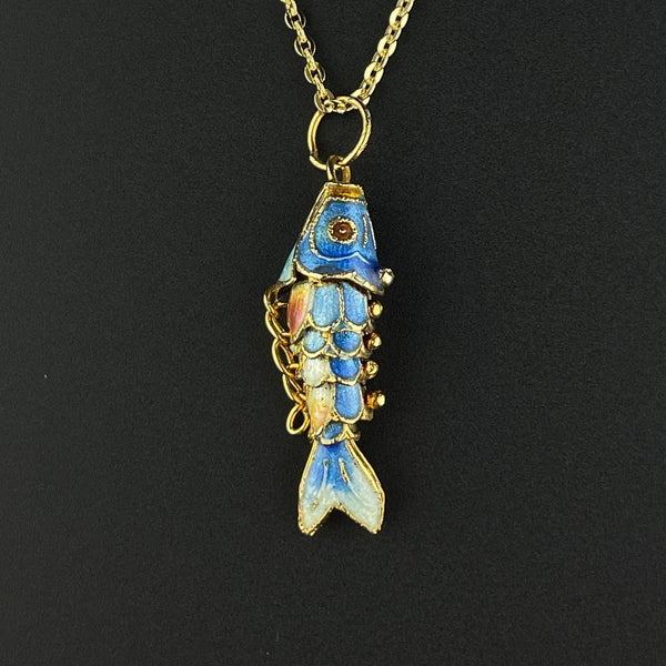 Vintage Articulated Gold Vermeil Blue Enamel Koi Fish Pendant Necklace - Boylerpf