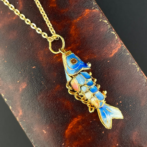 Vintage Articulated Gold Vermeil Blue Enamel Koi Fish Pendant Necklace - Boylerpf