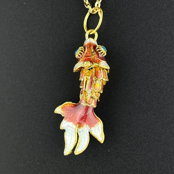 Vintage Gold Vermeil Orange Enamel Articulated Fish Pendant Necklace - Boylerpf
