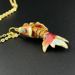 Vintage Gold Vermeil Orange Enamel Articulated Fish Pendant Necklace - Boylerpf