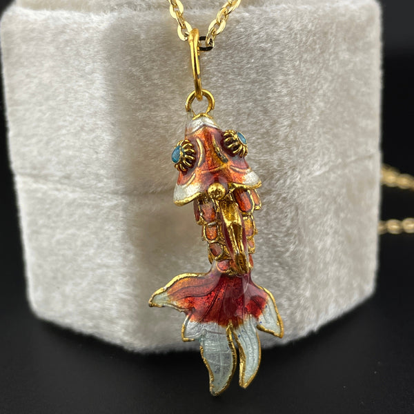 Vintage Gold Vermeil Orange Enamel Articulated Fish Pendant Necklace - Boylerpf