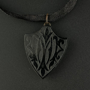 Victorian Shield Carved Whitby Jet In Memory Of Pendant - Boylerpf