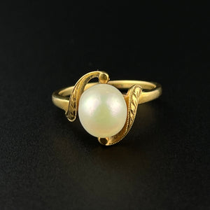 Vintage Mikimoto 14K Gold Pearl Solitaire Ring, Sz 4 - Boylerpf