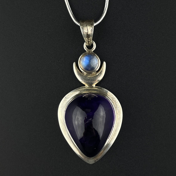Arts and Crafts Style Amethyst Moonstone Silver Pendant Necklace - Boylerpf