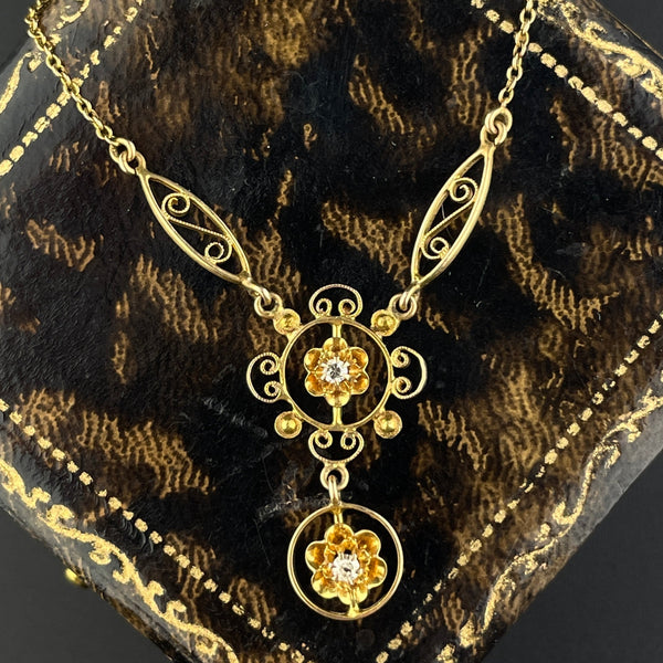 Antique Edwardian 10K Gold Diamond Lavaliere Pendant Necklace - Boylerpf